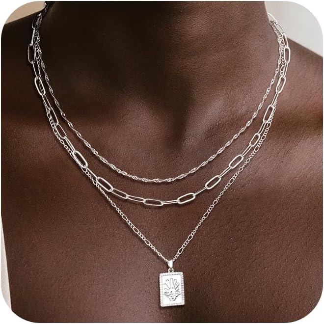 MFRYK Gold/Silver Necklaces Stack For Women,14K Gold/Sterling Silver Plated Simple Layered Choker Necklaces For Women,Stackable Multilayer Pearl Cross Disc Circle Pendant Cuban Herringbone Snake Paperclip Chain Necklaces Set Jewelry Gift for Women - Image 1